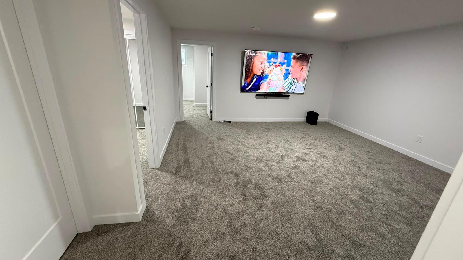 Finished basement with new carpet and media wall