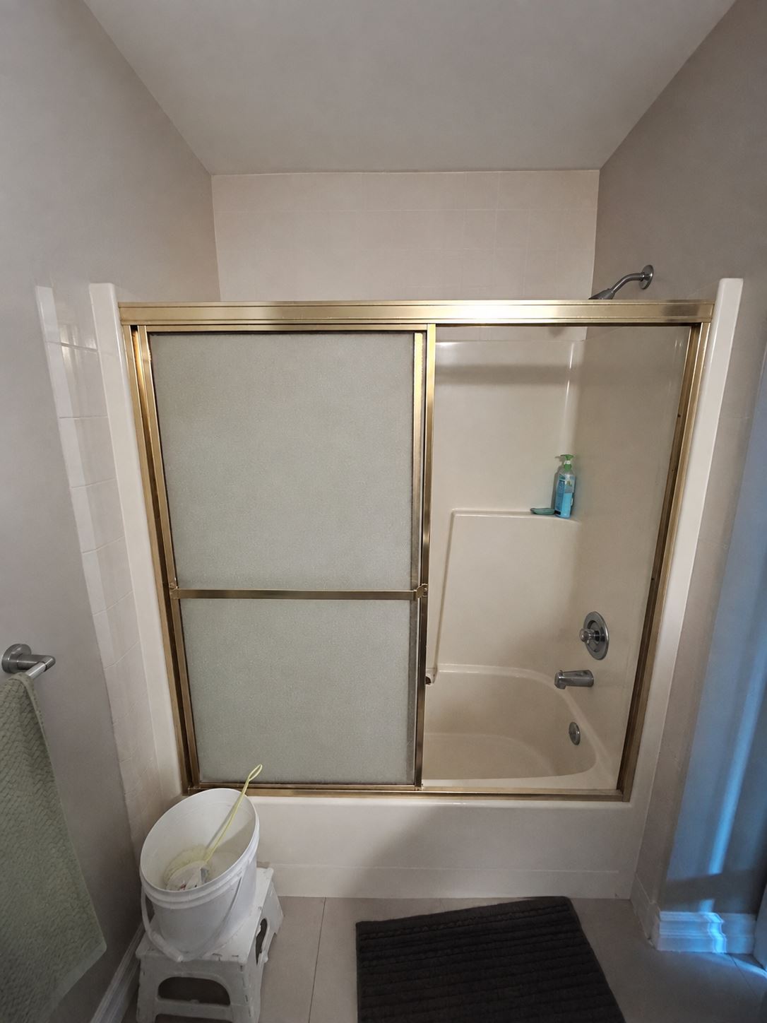 Before — old tub with gold-framed sliding doors